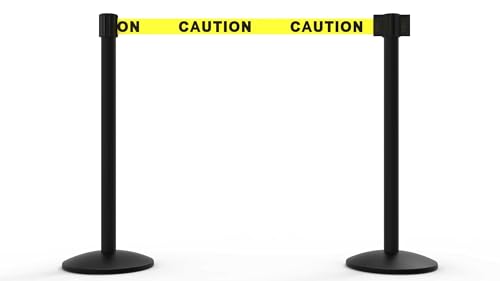 Banner Stakes AL6201B QLine 7 ft Retractable Belt Barrier Stanchion Set X2 - size: Yellow: Caution (Black Aluminum)