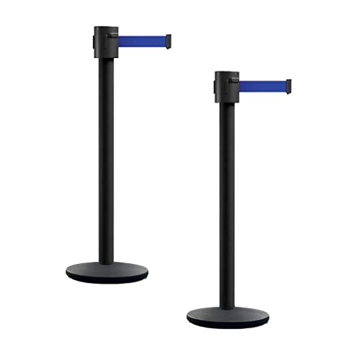 Montour Line MI760 Retractable Belt Barrier Stanchions, Set of 2 | 35 Ft Dark Blue Belt, Black Powder Coated Posts and Cast Iron Bases - color: Dark Blue, size: Black Powder Coated
