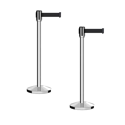 Montour Line M530 Retractable Belt Barrier Stanchion Set of 2, 7.5 Ft Belt | Polished Stainless Steel Posts with Sloped Base and Black Belt - color: Black, size: 7.5 ft