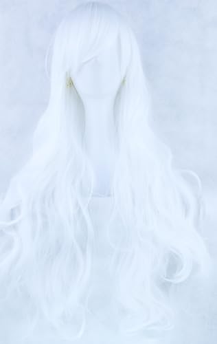 IMISSU 80cm Long Curly Natural Hair Cosplay Wig with Bangs Colorful Halloween Costume Party Wigs for Women (Pure White) - color: Pure White