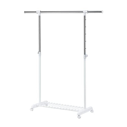 LiaMeE Adjustable Clothing Rack for Hanging Clothes, Heavy Duty Garment Rack with Wheels，Free Standing Rolling Clothes Rack with Shelf & Grid, Easy Assembly Standard Rod, White & Chrome - color: White