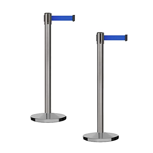 CCW IRBB-100 Crowd Control Retractable Belt Barrier Stanchions, 2 Pack | 7.5 Ft Blue Belt, Satin Stainless Steel Posts, Cast Iron Bases, Floor Protection, 4-way Receivers and Controlled Retraction. - color: Blue, size: 7.5 Foot
