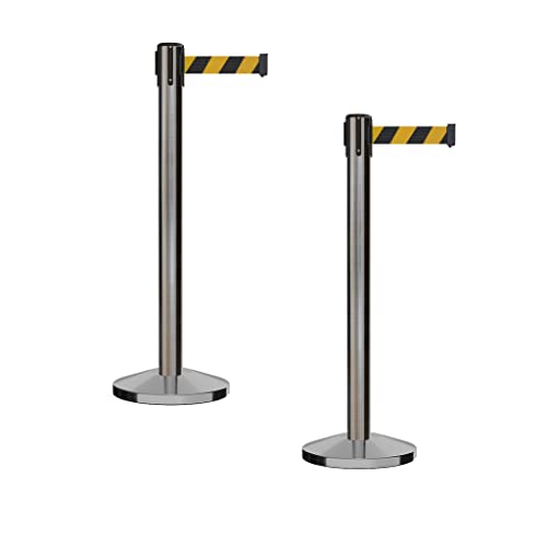Montour Line M650 Set of 2 Retractable Belt Barrier Stanchion, Sloped Base, Satin Stainless Steel Post (14 ft Black and Yellow Diagonal Belt) - color: Black and yellow diagonal, size: Satin Stainless Steel
