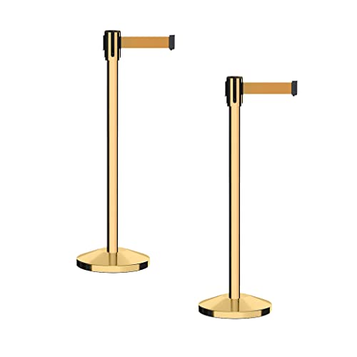 Montour Line M530 Set of 2 Retractable Belt Barrier Stanchion, Sloped Base, Polished Brass Post (7.5 ft Brown Belt) - color: Brown, size: 7.5 ft