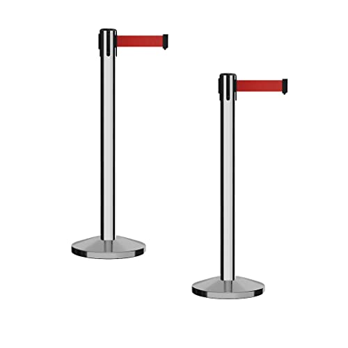 Montour Line M650 Set of 2 Retractable Belt Barrier Stanchion, Sloped Base, Polished Stainless Steel Post (14 ft Red Belt) - color: Red, size: Polished Stainless Steel