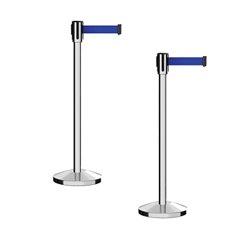 Montour Line M530 Set of 2 Retractable Belt Barrier Stanchion, Sloped Base, Polished Stainless Steel Post (7.5 ft Dark Blue Belt) - color: Dark Blue, size: 7.5 ft