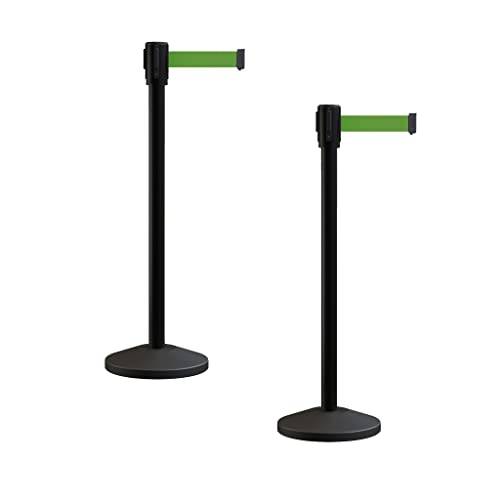 Montour Line M530 Set of 2 Retractable Belt Barrier Stanchion, Sloped Base, Black Powder Coated Post (7.5 ft Green Belt) - color: Green, size: 7.5 ft