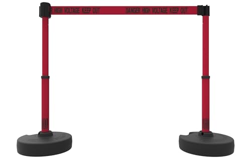 PL4013T Plus 75 ft Belt Barrier w/Cart Package & Tray | Mobile System, 5 Telescoping Stanchions, 15 ft Red "Danger High Voltage Keep Out" Retractable Banners, Accessory Tray - style: Red: Danger High Voltage Keep Out