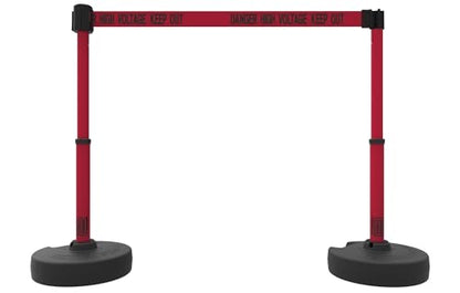 PL4013T Plus 75 ft Belt Barrier w/Cart Package & Tray | Mobile System, 5 Telescoping Stanchions, 15 ft Red "Danger High Voltage Keep Out" Retractable Banners, Accessory Tray - style: Red: Danger High Voltage Keep Out