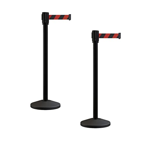 Montour Line M530 Set of 2 Retractable Belt Barrier Stanchion, Sloped Base, Black Powder Coated Post (7.5 ft Black and Red Diagonal Belt) - color: Black and Red Diagonal, size: 7.5 ft