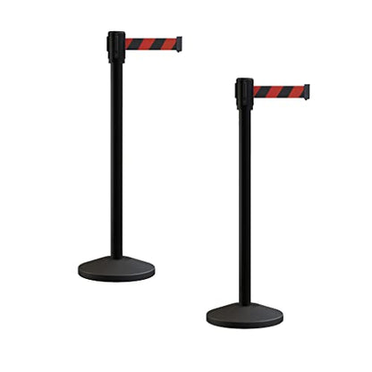 Montour Line M530 Set of 2 Retractable Belt Barrier Stanchion, Sloped Base, Black Powder Coated Post (7.5 ft Black and Red Diagonal Belt) - color: Black and Red Diagonal, size: 7.5 ft