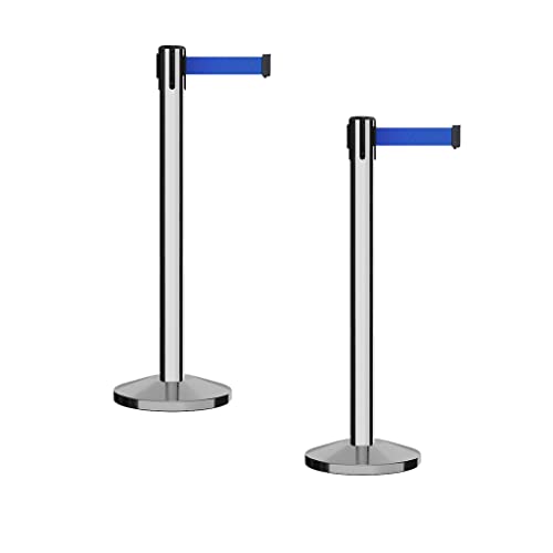 Montour Line M650 Set of 2 Retractable Belt Barrier Stanchion, Sloped Base, Polished Stainless Steel Post (14 ft Blue Belt) - color: Blue, size: Polished Stainless Steel