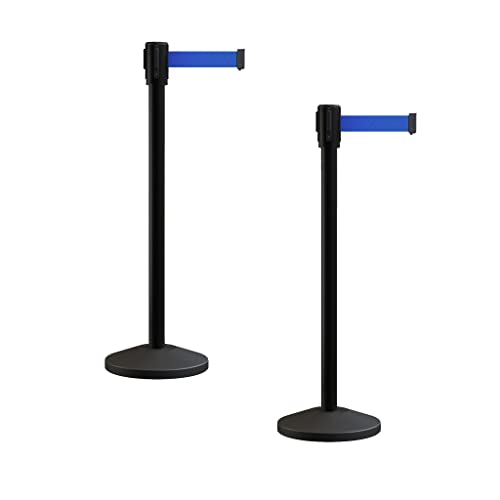 Montour Line M530 Set of 2 Retractable Belt Barrier Stanchion, Sloped Base, Black Powder Coated Post (7.5 ft Blue Belt) - color: Blue, size: 7.5 ft