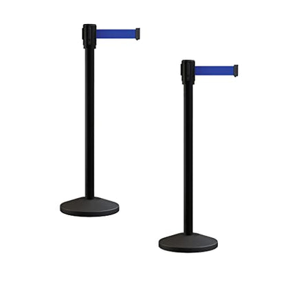 Montour Line M530 Set of 2 Retractable Belt Barrier Stanchion, Sloped Base, Black Powder Coated Post (7.5 ft Dark Blue Belt) - color: Dark Blue, size: 7.5 ft