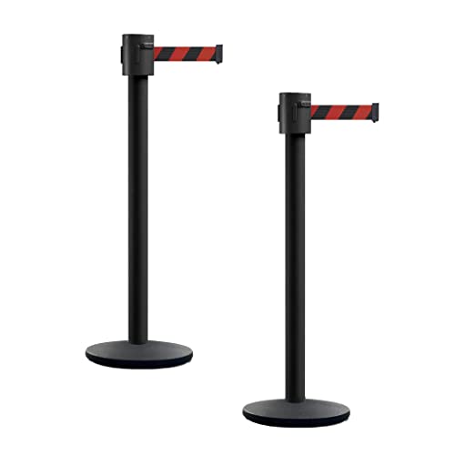 Montour Line MI760 Retractable Belt Barrier Stanchions, Set of 2 | 35 Ft Black and Red Diagonal Belt, Black Powder Coated Post and Cast Iron Base - color: Black and Red Diagonal, size: Black Powder Coated
