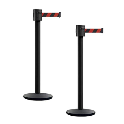 Montour Line MI760 Retractable Belt Barrier Stanchions, Set of 2 | 35 Ft Black and Red Diagonal Belt, Black Powder Coated Post and Cast Iron Base - color: Black and Red Diagonal, size: Black Powder Coated