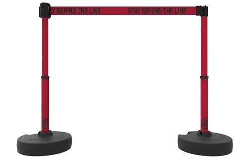 Banner Stakes PL4125 Plus Fixed Wall Mount 15 ft Retractable Belt Kit | Red "Stay Behind The Line" Banner, Mounting Hardware, Indoor/Outdoor Belt Barrier System for Crowd Control - style: Red: Stay Behind The Line