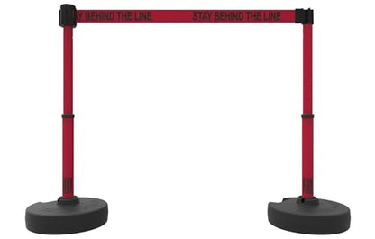 Banner Stakes PL4125 Plus Fixed Wall Mount 15 ft Retractable Belt Kit | Red "Stay Behind The Line" Banner, Mounting Hardware, Indoor/Outdoor Belt Barrier System for Crowd Control - style: Red: Stay Behind The Line