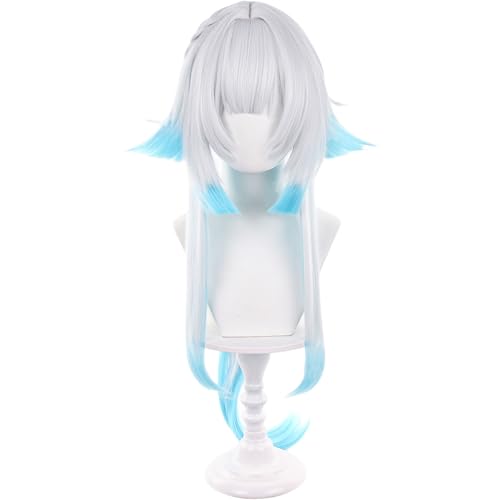 Anime White Gradient Blue Wigs with Bangs Women Long Straight Wig with Braids and Ponytail Cery Adult COS Game Empress Wigs Halloween,Christmas,Comic con,Game Show,Party - color: Blue White Gradient