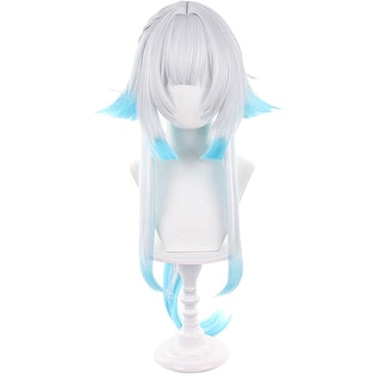 Anime White Gradient Blue Wigs with Bangs Women Long Straight Wig with Braids and Ponytail Cery Adult COS Game Empress Wigs Halloween,Christmas,Comic con,Game Show,Party - color: Blue White Gradient