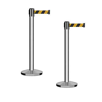Montour Line M650 Set of 2 Retractable Belt Barrier Stanchion, Sloped Base, Polished Stainless Steel Post (14 ft Black and Yellow Diagonal Belt) - color: Black and yellow diagonal, size: Polished Stainless Steel