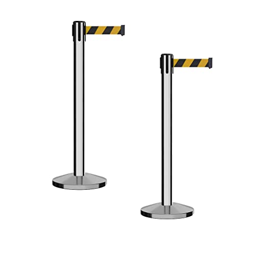 Montour Line M650 Set of 2 Retractable Belt Barrier Stanchion, Sloped Base, Polished Stainless Steel Post (14 ft Black and Yellow Diagonal Belt) - color: Black and yellow diagonal, size: Polished Stainless Steel