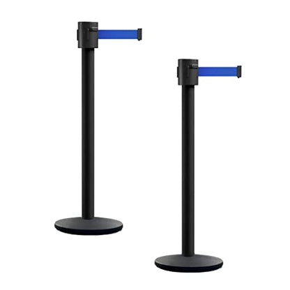 Montour Line MI760 Retractable Belt Barrier Stanchions, Set of 2 | 35 Ft Blue Belt, Black Powder Coated Posts and Cast Iron Bases - color: Blue, size: Black Powder Coated