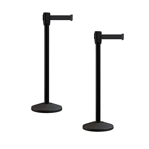 Montour Line M530 Set of 2 Retractable Belt Barrier Stanchion, Sloped Base, Black Powder Coated Post (11 ft Black Belt) - color: Black, size: 11 ft