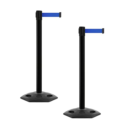 CCW Series WBB-200 Set of 2 Outdoor Safety Rubber Base Stanchion Retractable Belt Barriers - Easy to Assemble, No Tools Required (11 Foot Belt, Blue Belt with Black Post) - color: Blue, size: Black Post