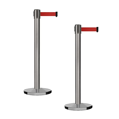 Montour Line MI650 Set of 2 Retractable Belt Barrier Stanchion, Cast Iron Base, Satin Stainless Steel Post (14 ft Red Belt) - color: Red, size: Satin Stainless Steel