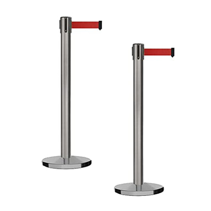 Montour Line MI650 Set of 2 Retractable Belt Barrier Stanchion, Cast Iron Base, Satin Stainless Steel Post (14 ft Red Belt) - color: Red, size: Satin Stainless Steel