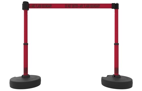 Crowd Control Plus Cart Package & Accessory Tray, 75' Total Retractable Belt Barrier System - 5 Telescoping Stanchions w/ 15' Red "Do Not Enter - Arc Flash Boundary" Banners (PL4079T) - style: Red: Do Not Enter - Arc Flash Boundary