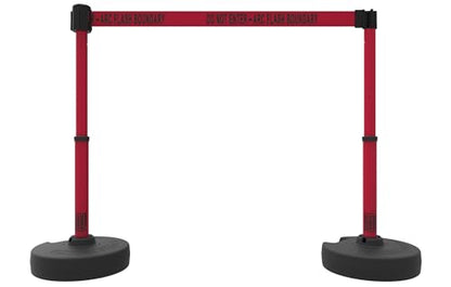 Crowd Control Plus Cart Package & Accessory Tray, 75' Total Retractable Belt Barrier System - 5 Telescoping Stanchions w/ 15' Red "Do Not Enter - Arc Flash Boundary" Banners (PL4079T) - style: Red: Do Not Enter - Arc Flash Boundary