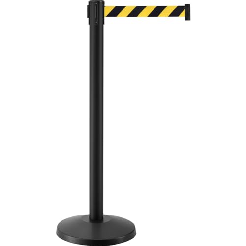 Global Industrial Retractable Belt Barrier, 40" H Black Steel Post with 16 | Lbs. Weighted Base, Self-Retracting 7-1/2'L x 2"W Black/Yellow Nylon Belt, Pack of 2