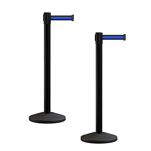 Crowd Control Warehouse RBB-100 Retractable Belt Stanchion Barriers, 2-Pack - color: Black with Horizontal Blue Stripe, size: 7.5 Foot