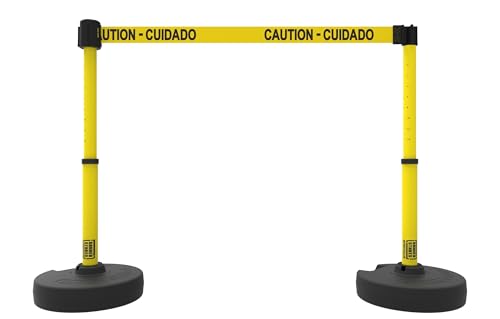 Crowd Control Plus Cart Package & Accessory Tray, 75' Total Retractable Belt Barrier System - 5 Telescoping Stanchions w/ 15' Yellow "Caution - Cuidado" Banners (PL4002T) - style: Yellow: Caution - Cuidado