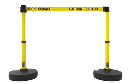 Crowd Control Plus Cart Package & Accessory Tray, 75' Total Retractable Belt Barrier System - 5 Telescoping Stanchions w/ 15' Yellow "Caution - Cuidado" Banners (PL4002T) - style: Yellow: Caution - Cuidado