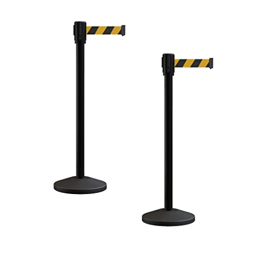 Montour Line M530 Set of 2 Retractable Belt Barrier Stanchion, Sloped Base, Black Powder Coated Post (7.5 ft Black & Yellow Diagonal Belt) - color: Black & Yellow Diagonal, size: 7.5 ft