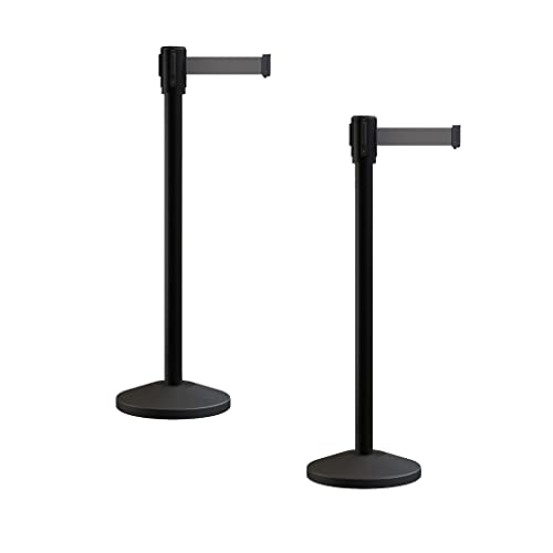 Montour Line M530 Set of 2 Retractable Belt Barrier Stanchion, Sloped Base, Black Powder Coated Post (7.5 ft Dark Grey Belt) - color: Dark Grey, size: 7.5 ft