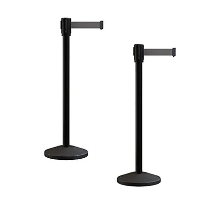Montour Line M530 Set of 2 Retractable Belt Barrier Stanchion, Sloped Base, Black Powder Coated Post (7.5 ft Dark Grey Belt) - color: Dark Grey, size: 7.5 ft