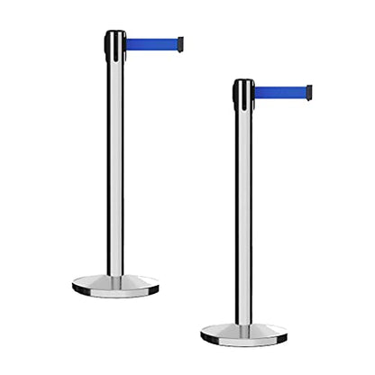 Montour Line MI650 Set of 2 Retractable Belt Barrier Stanchion, Cast Iron Base, Polished Stainless Steel Post (14 ft Blue Belt) - color: Blue, size: Polished Stainless Steel