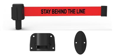 Banner Stakes PL4125 Plus Fixed Wall Mount 15 ft Retractable Belt Kit | Red "Stay Behind The Line" Banner, Mounting Hardware, Indoor/Outdoor Belt Barrier System for Crowd Control - style: Red: Stay Behind The Line
