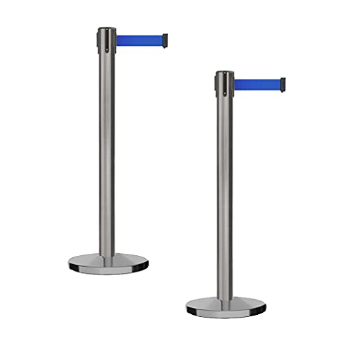Montour Line MI650 Set of 2 Retractable Belt Barrier Stanchion, Cast Iron Base, Satin Stainless Steel Post (14 ft Blue Belt) - color: Blue, size: Satin Stainless Steel