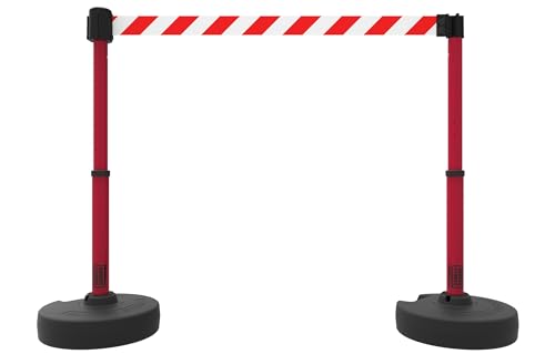 PL4014T Plus 75 ft Belt Barrier w/Cart Package & Tray | Mobile System, 5 Telescoping Stanchions, 15 ft Red/White "Red/White Diagonal Stripe" Retractable Banners, Accessory Tray - style: Red/White Diagonal Stripe