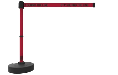 Banner Stakes PL4125 Plus Fixed Wall Mount 15 ft Retractable Belt Kit | Red "Stay Behind The Line" Banner, Mounting Hardware, Indoor/Outdoor Belt Barrier System for Crowd Control - style: Red: Stay Behind The Line