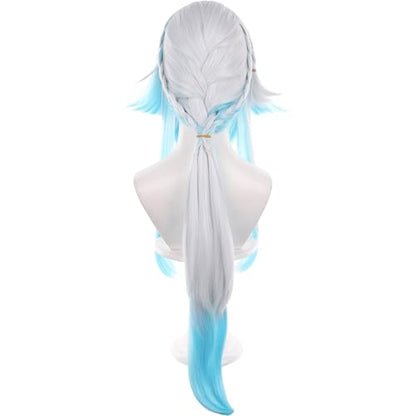 Anime White Gradient Blue Wigs with Bangs Women Long Straight Wig with Braids and Ponytail Cery Adult COS Game Empress Wigs Halloween,Christmas,Comic con,Game Show,Party - color: Blue White Gradient