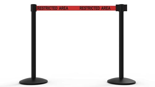 Banner Stakes AL6205B QLine 7 ft Retractable Belt Barrier Stanchion Set X2 - size: Red: Restricted Area (Black Aluminum)