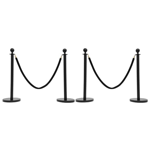 4 Pcs Stanchion Posts Queue with 5 Feet Velvet Ropes, Crowd Control Barriers Ball Top Stanchion Post Red Carpet Runner Poles Black for Party Theater Hotel Weddings Museums - color: Black
