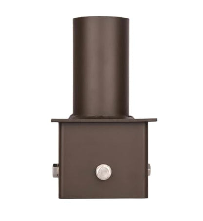 4 in Square Pole to 2-3/8 in Tenon Adapter, Vertical Mount, Bronze | 4mm heavy duty steel, fits 4 in square poles, for led shoebox parking lot flood lights, bronze, powder coated finish