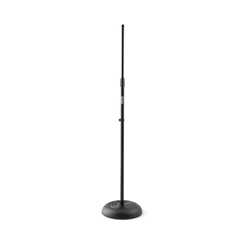 On-Stage MS7201B Round-Base Mic Stand (Supports Dynamic and Condenser Microphones, Height Adjustable 33"–60", Standard 5/8"-27 Threading, 7 lb, 10" Metal Base, Rubber Feet, Cable-Management Clip) | 7 lb weighted base with die-cast zinc clutch and 5/8-27 t